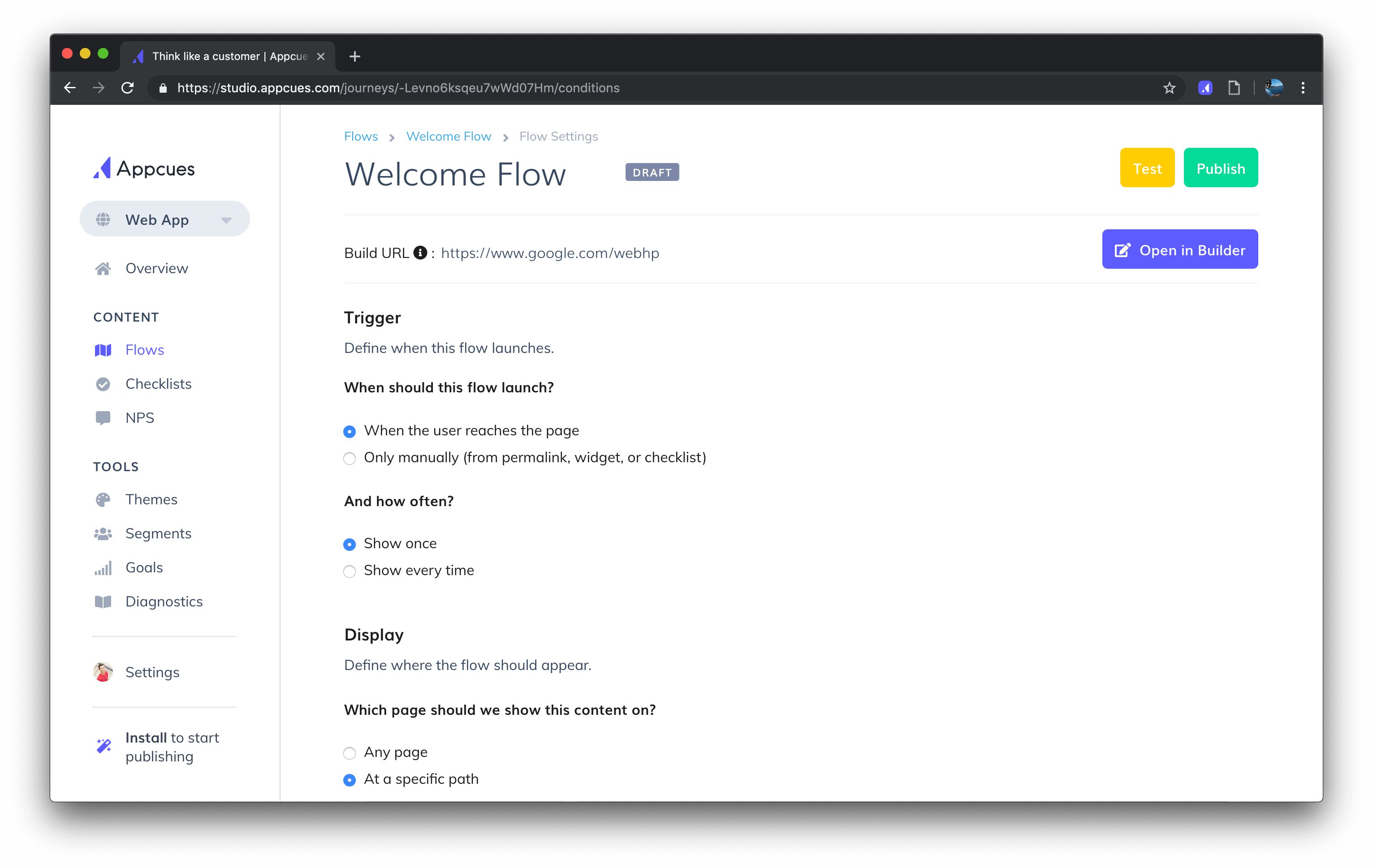 Screenshot of the updated settings for publishing a flow on Appcues