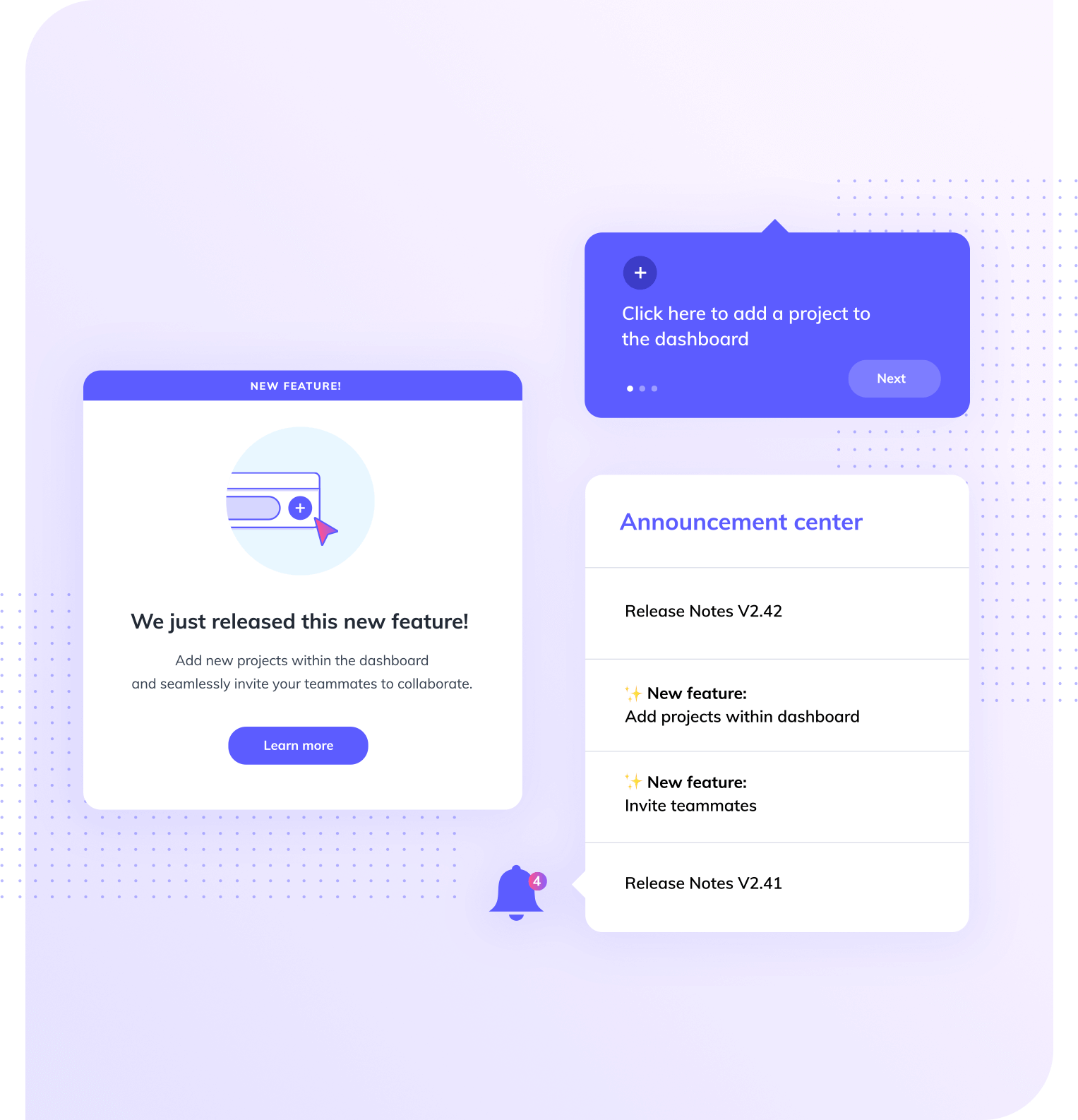Modal, tooltip, and launchpad image showing feature adoption