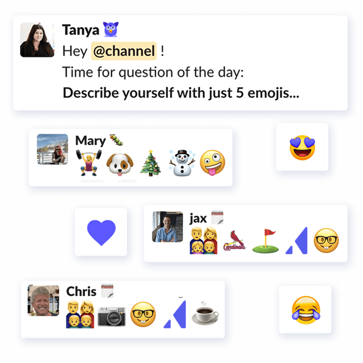 Image of multiple slack messages depicting a question of the day that you are asked to describe yourself with 5 emojis